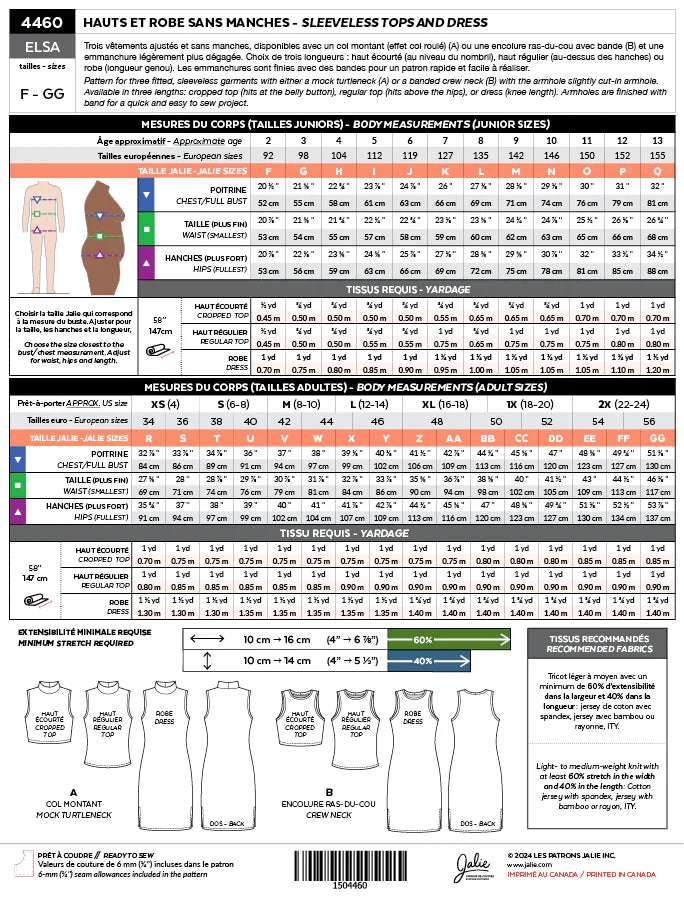 Hauts et robe sans manches ELSA 4460 | Patron papier - Jalie