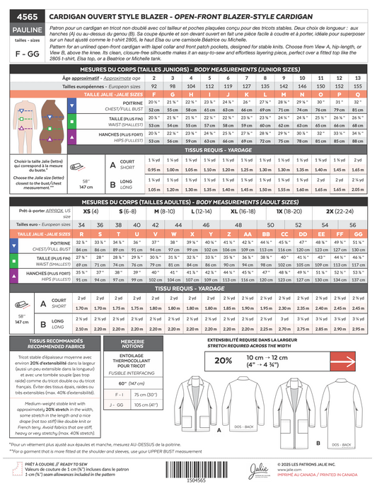PAULINE 4565 Open Blazer Cardigan | Paper Pattern - Jalie