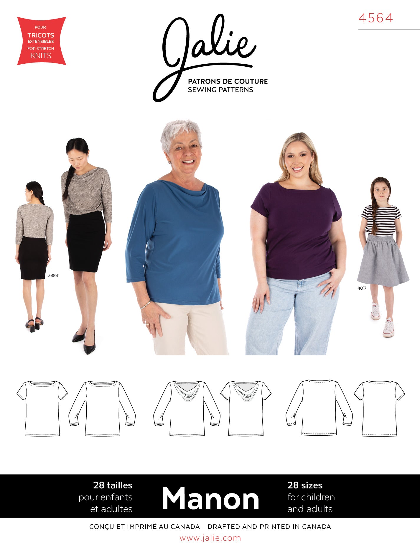 T-Shirt à encolure bateau ou drapée MANON 4564 | Patron papier - Jalie