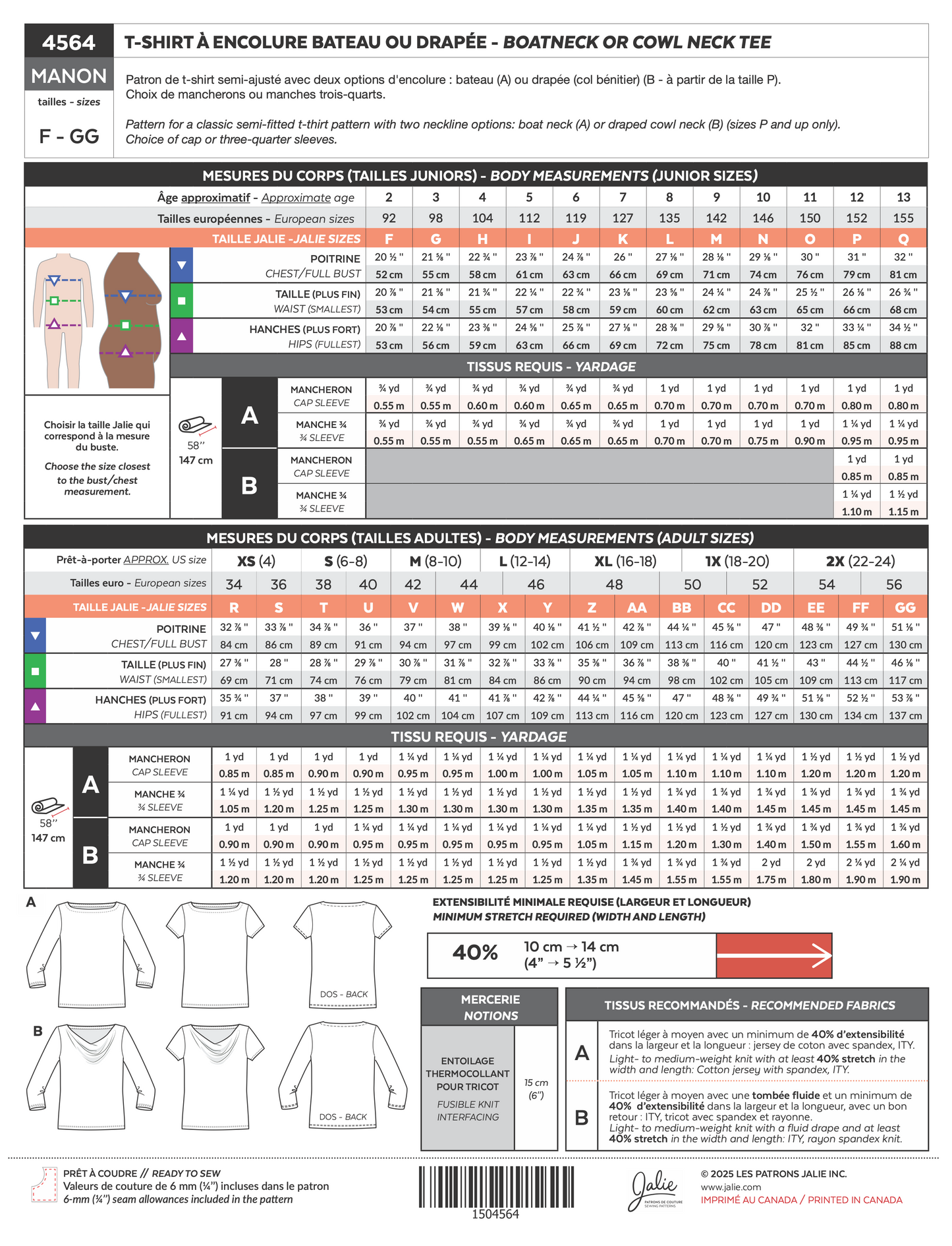T-Shirt à encolure bateau ou drapée MANON 4564 | Patron papier - Jalie