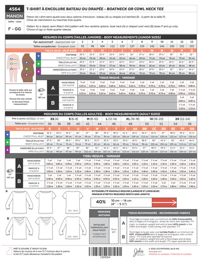 T-Shirt à encolure bateau ou drapée MANON 4564 | Patron papier - Jalie
