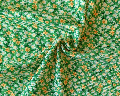 Tissu à maillot côtelé - Fleurs vertes