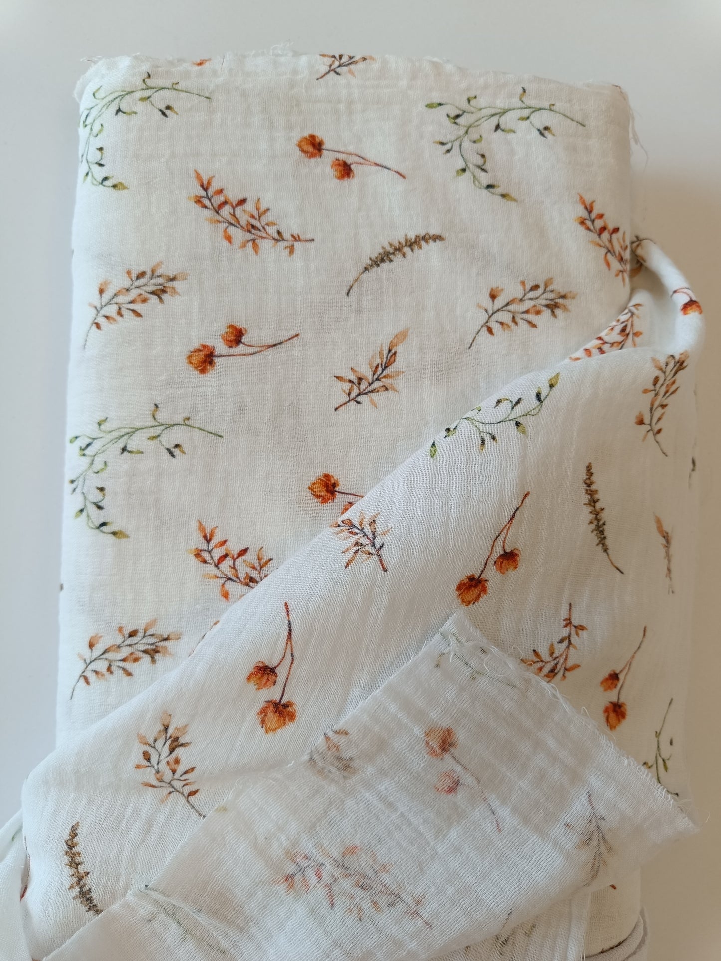 Coton double gaze - Blanc feuillage orange et vert