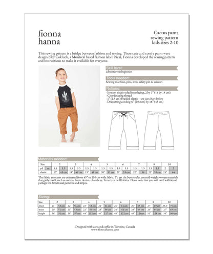 Pantalon enfant - Patron papier - Fionna Hanna x Cokluch