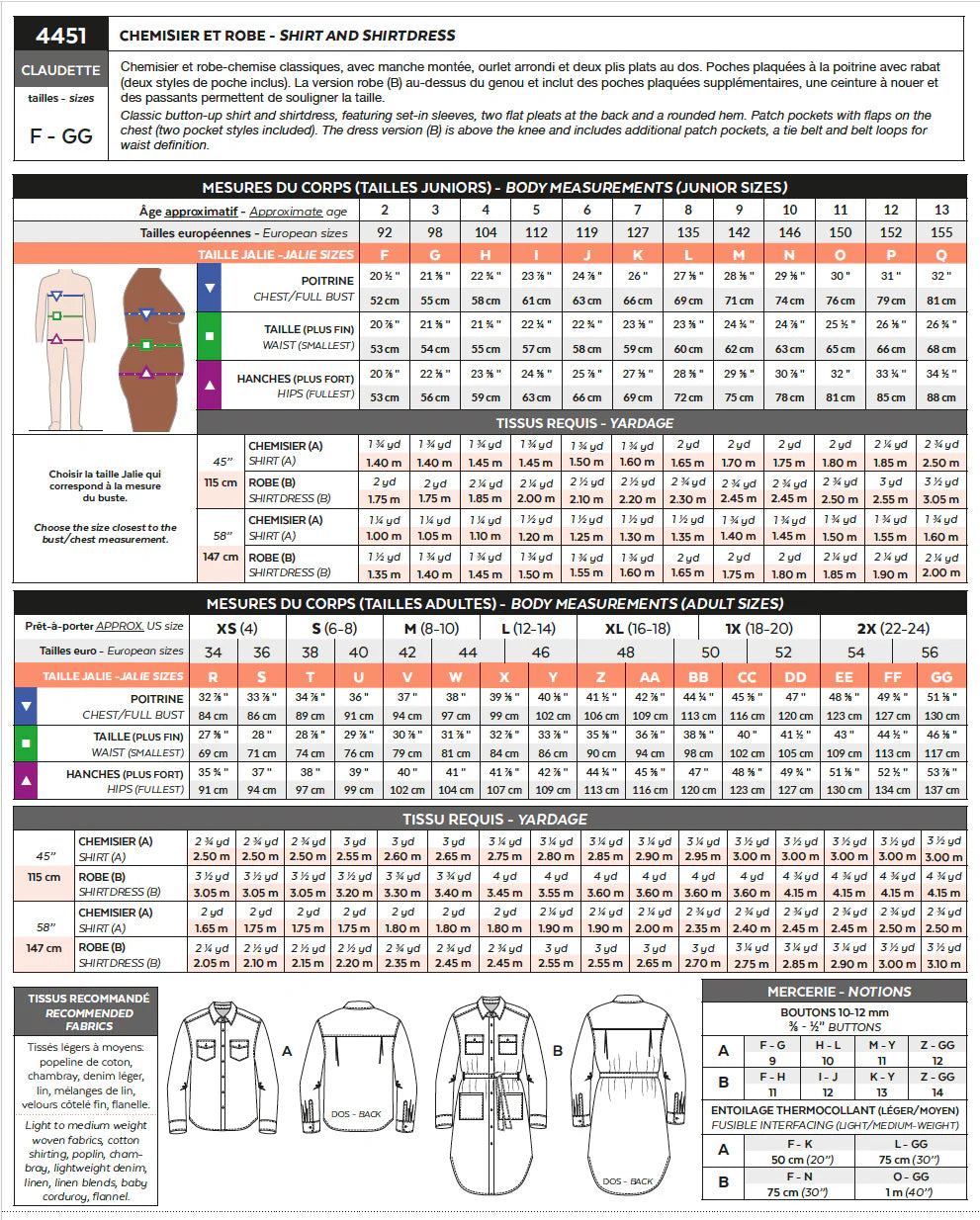 Patron de couture - Chemisier et robe CLAUDETTE 4451 | Patron papier - Jalie