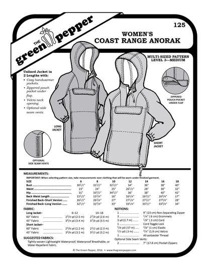 image of the cover of the 125 Womens' Coastal range Anorak sewing pattern.