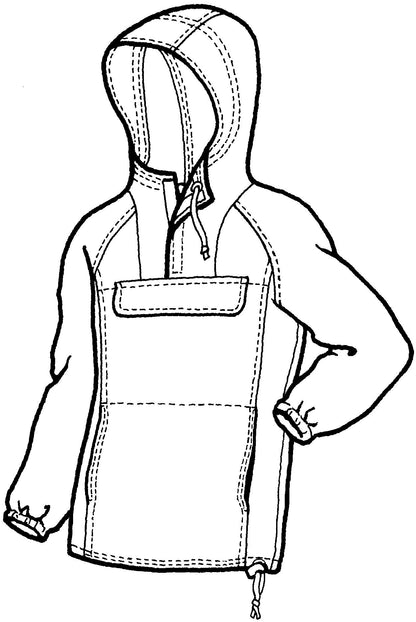 Pen an ink drawing of short anorak sewing pattern.