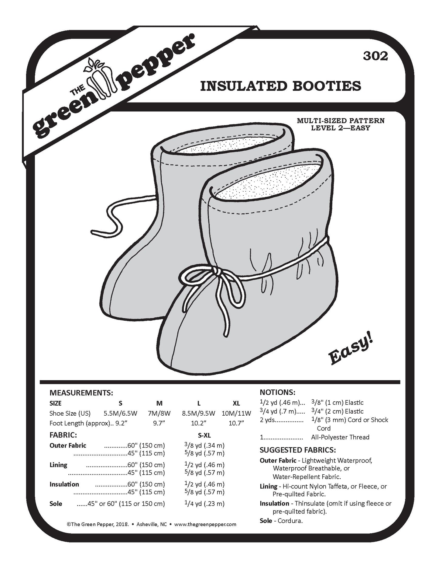 Pattern package for insulated booties by The Green Pepper with black and white illustration and text.