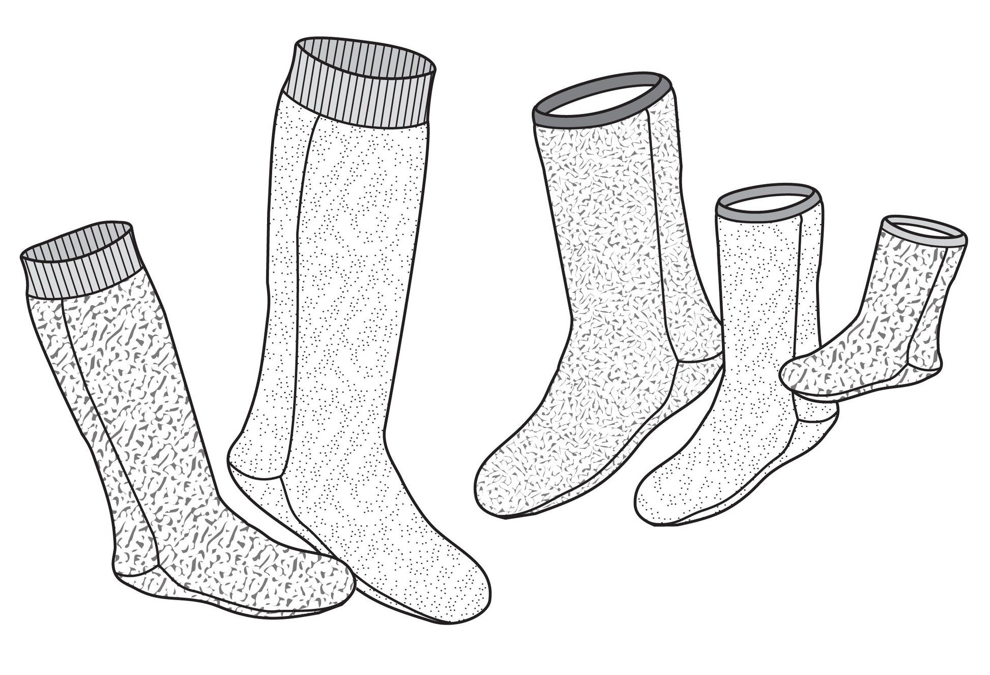 Five polar socks black and white line drawings