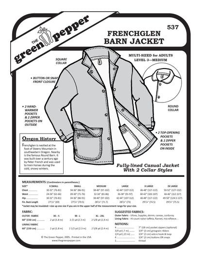 black and white over of frenchglen barn jacket with description of notions and fabrics and sizes.