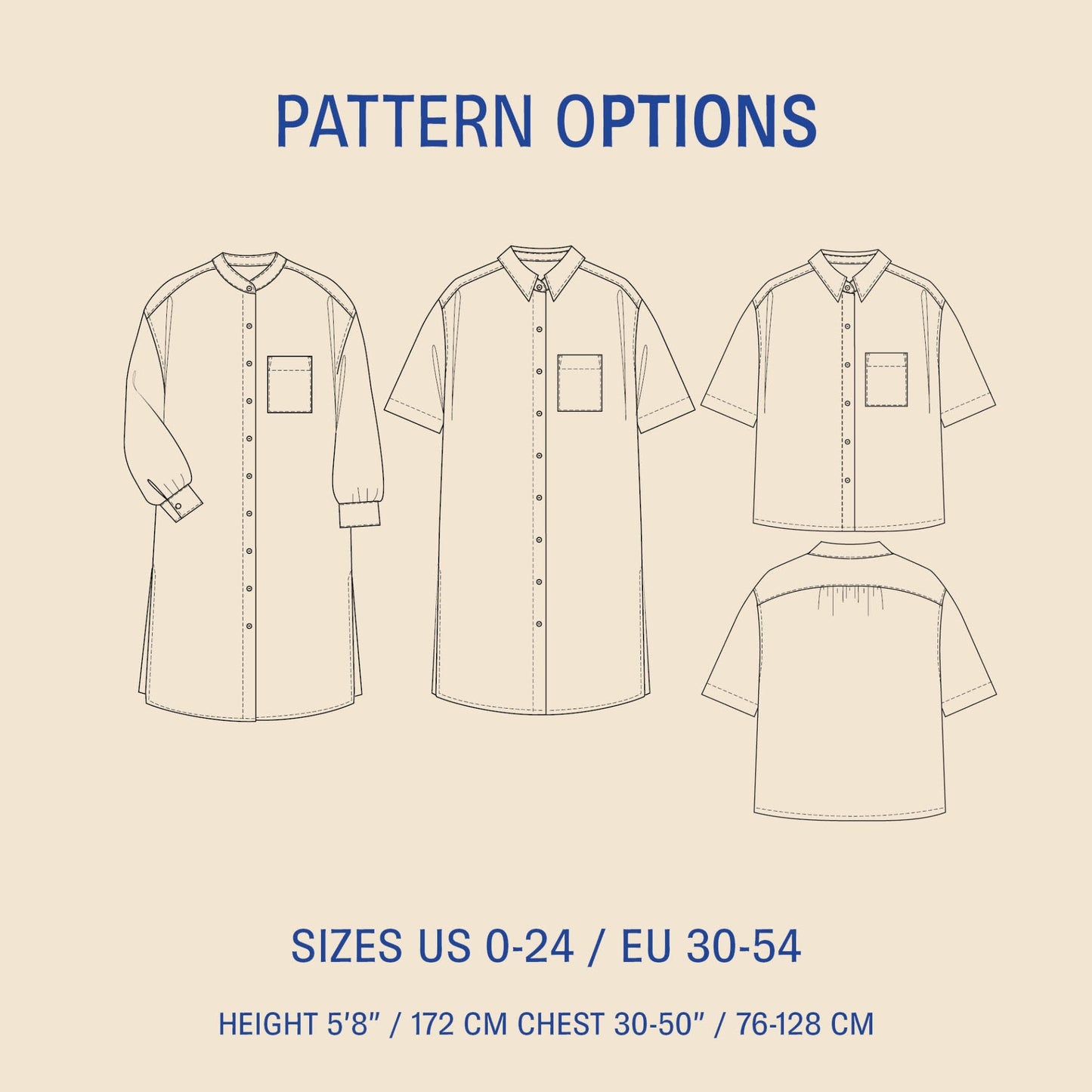 Pattern options for a shirt with various sizes and patterns on a beige background.