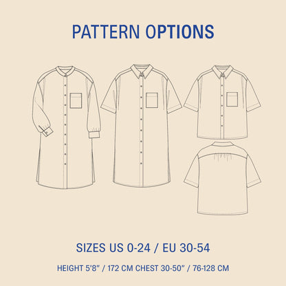 Pattern options for a shirt with various sizes and patterns on a beige background.