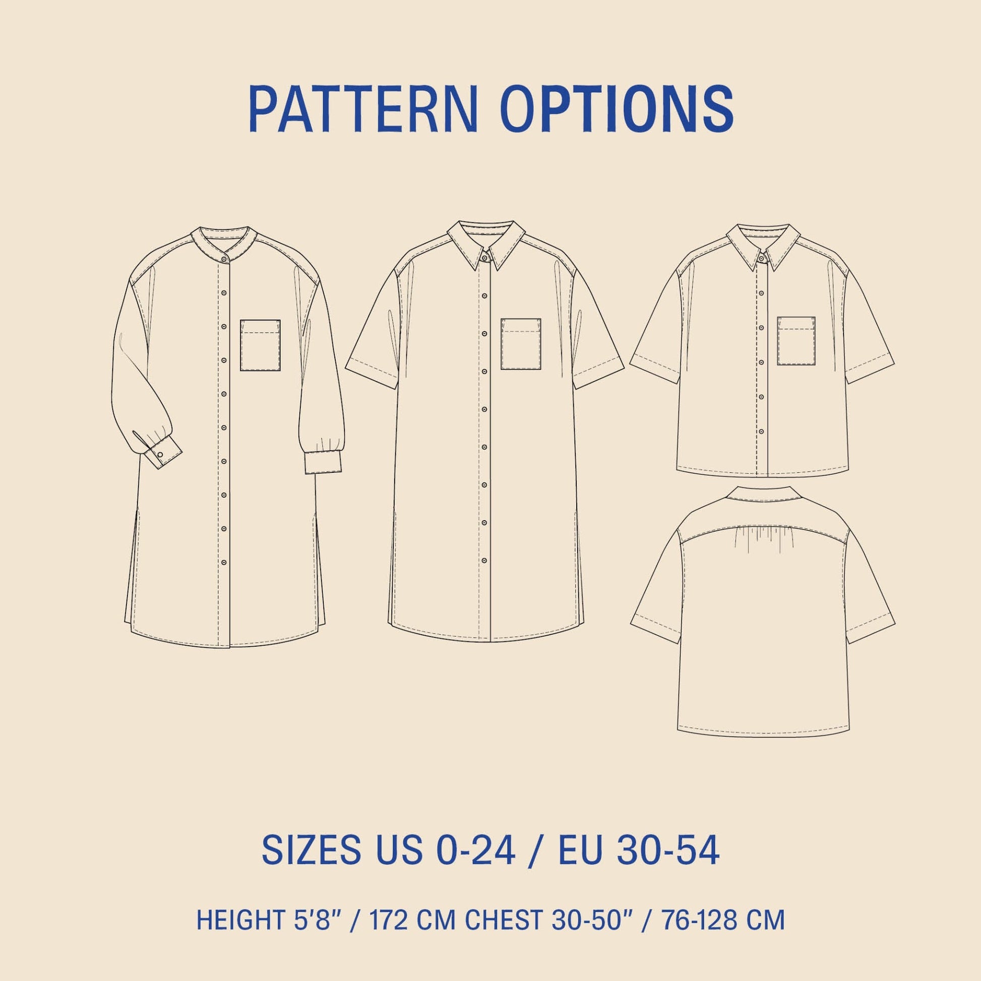 Pattern options for a shirt with various sizes and patterns on a beige background.