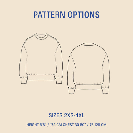 Outline of a sweatshirt with pattern options and size information on a beige background