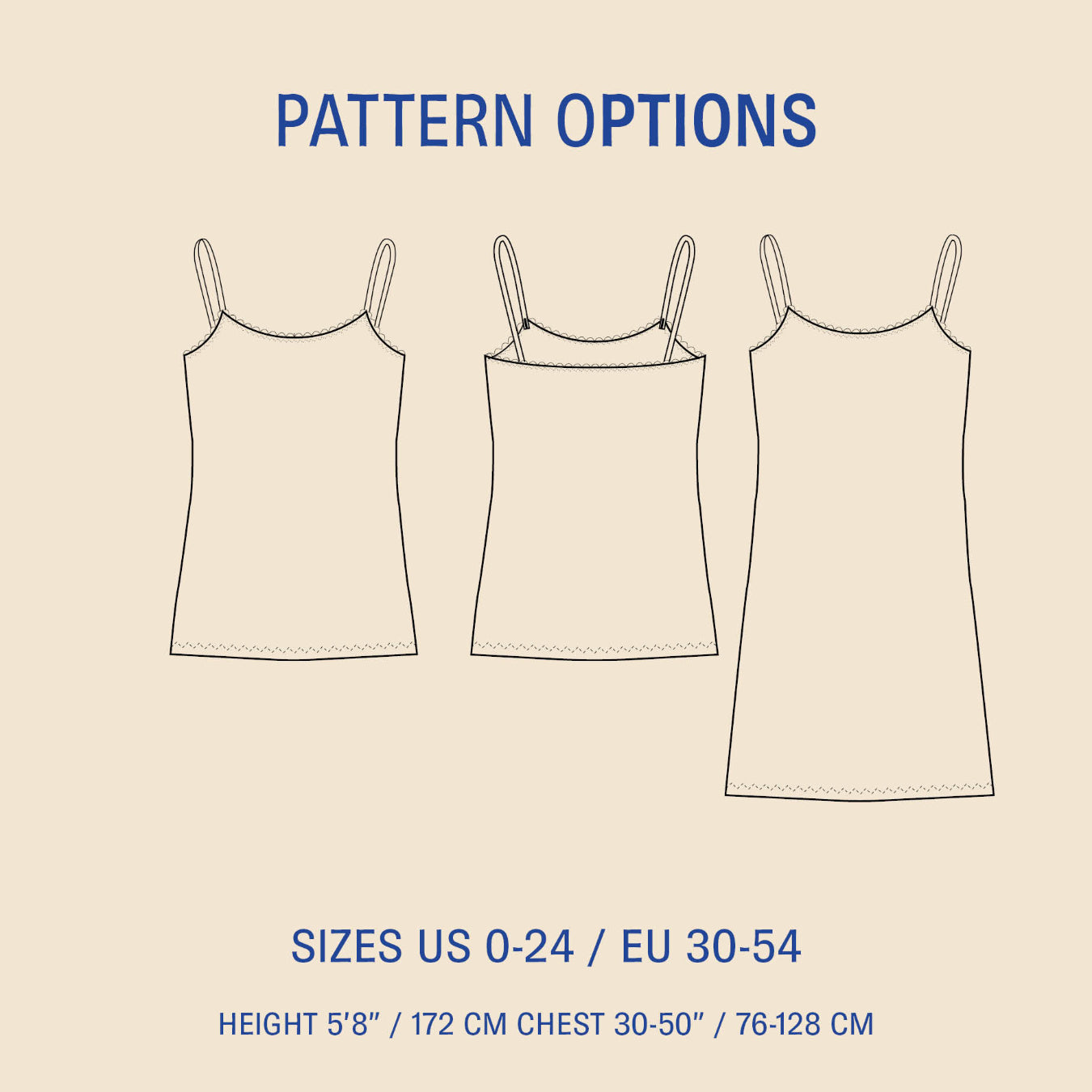 Pattern options for a tank top with size and height specifications on a beige background