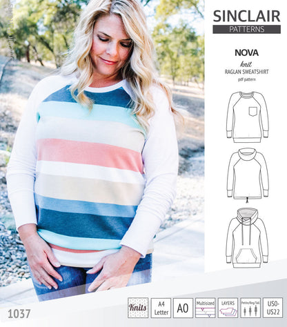 PDF sewing pattern Raglan sweatshirt sweater hoodie for women with kangaroo pocket, hood, cowl and drawstrings