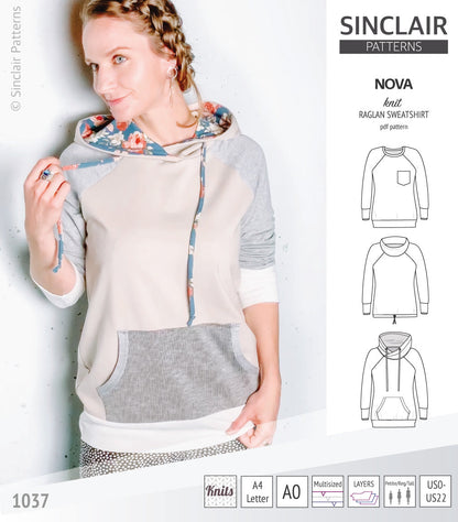 PDF sewing pattern Raglan sweatshirt sweater hoodie for women with kangaroo pocket, hood, cowl and drawstrings