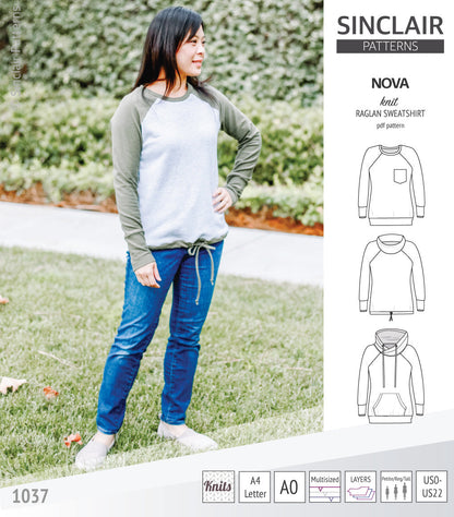 PDF sewing pattern Raglan sweatshirt sweater hoodie for women with kangaroo pocket, hood, cowl and drawstrings