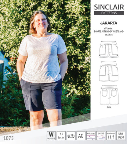 Pdf sewing pattern S1075 Jakarta woven shorts with pockets and yoga waistband by Sinclair Patterns