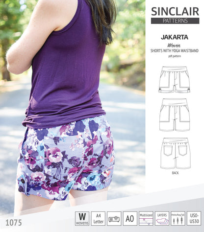 Pdf sewing pattern S1075 Jakarta woven shorts with pockets and yoga waistband by Sinclair Patterns