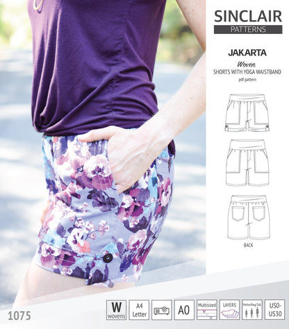 Pdf sewing pattern S1075 Jakarta woven shorts with pockets and yoga waistband by Sinclair Patterns