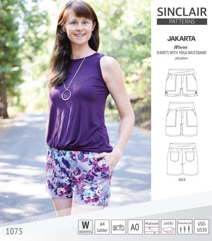 Pdf sewing pattern S1075 Jakarta woven shorts with pockets and yoga waistband by Sinclair Patterns