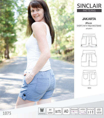 Pdf sewing pattern S1075 Jakarta woven shorts with pockets and yoga waistband by Sinclair Patterns