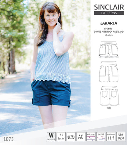 Pdf sewing pattern S1075 Jakarta woven shorts with pockets and yoga waistband by Sinclair Patterns