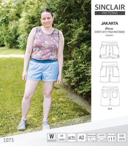 Pdf sewing pattern S1075 Jakarta woven shorts with pockets and yoga waistband by Sinclair Patterns