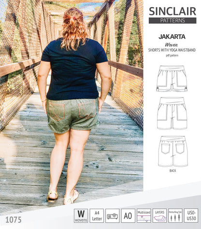 Pdf sewing pattern S1075 Jakarta woven shorts with pockets and yoga waistband by Sinclair Patterns