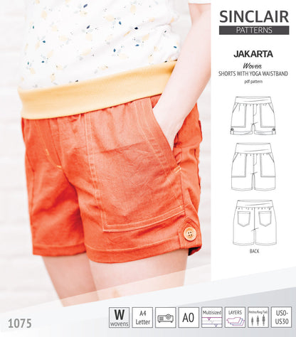 Pdf sewing pattern S1075 Jakarta woven shorts with pockets and yoga waistband by Sinclair Patterns