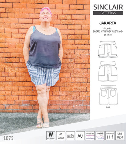 Pdf sewing pattern S1075 Jakarta woven shorts with pockets and yoga waistband by Sinclair Patterns