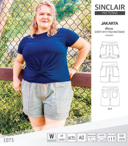 Pdf sewing pattern S1075 Jakarta woven shorts with pockets and yoga waistband by Sinclair Patterns