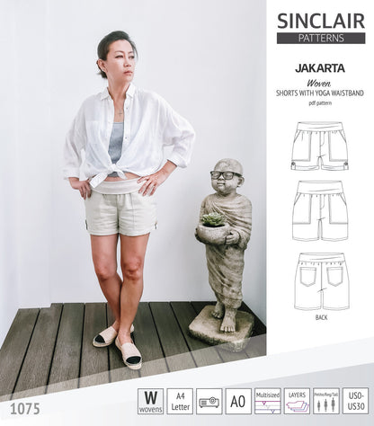 Pdf sewing pattern S1075 Jakarta woven shorts with pockets and yoga waistband by Sinclair Patterns