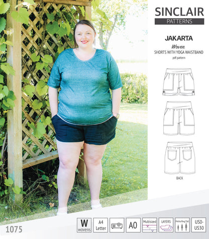 Pdf sewing pattern S1075 Jakarta woven shorts with pockets and yoga waistband by Sinclair Patterns
