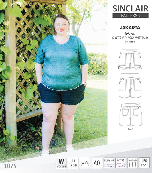Pdf sewing pattern S1075 Jakarta woven shorts with pockets and yoga waistband by Sinclair Patterns