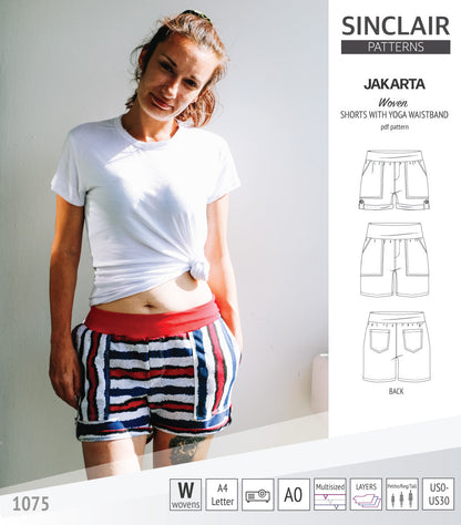 Pdf sewing pattern S1075 Jakarta woven shorts with pockets and yoga waistband by Sinclair Patterns