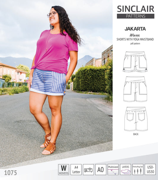 Pdf sewing pattern S1075 Jakarta woven shorts with pockets and yoga waistband by Sinclair Patterns