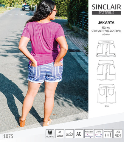 Pdf sewing pattern S1075 Jakarta woven shorts with pockets and yoga waistband by Sinclair Patterns