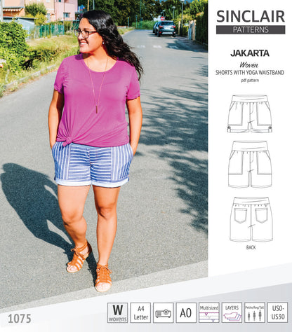 Pdf sewing pattern S1075 Jakarta woven shorts with pockets and yoga waistband by Sinclair Patterns