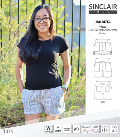 Pdf sewing pattern S1075 Jakarta woven shorts with pockets and yoga waistband by Sinclair Patterns