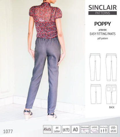 Poppy easy fitting pants for woven fabrics (PDF)