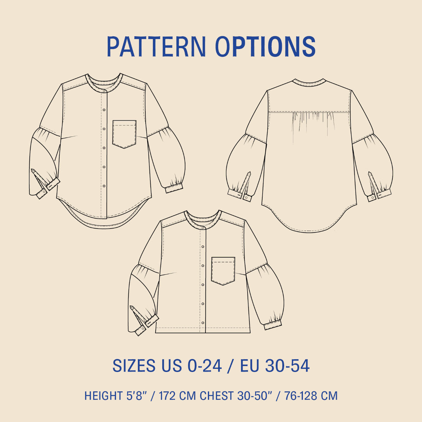 Line drawings of three shirt designs with pattern options on a beige background.