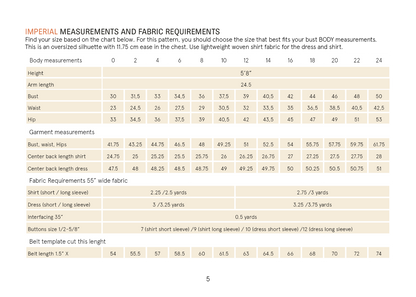 Measurement chart for dress and shirt patterns with body measurements and fabric requirements.