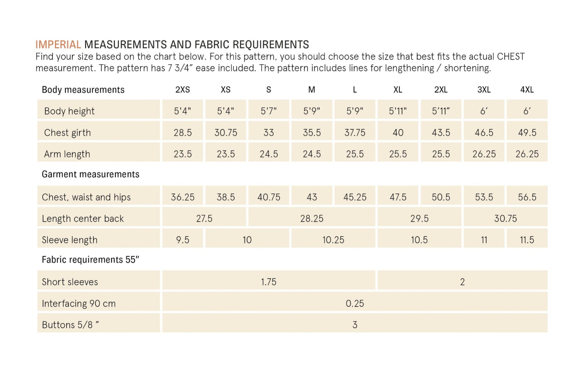 Measurement chart for clothing with body and garment dimensions on a white background