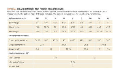 Measurement chart for clothing with body and garment dimensions on a white background