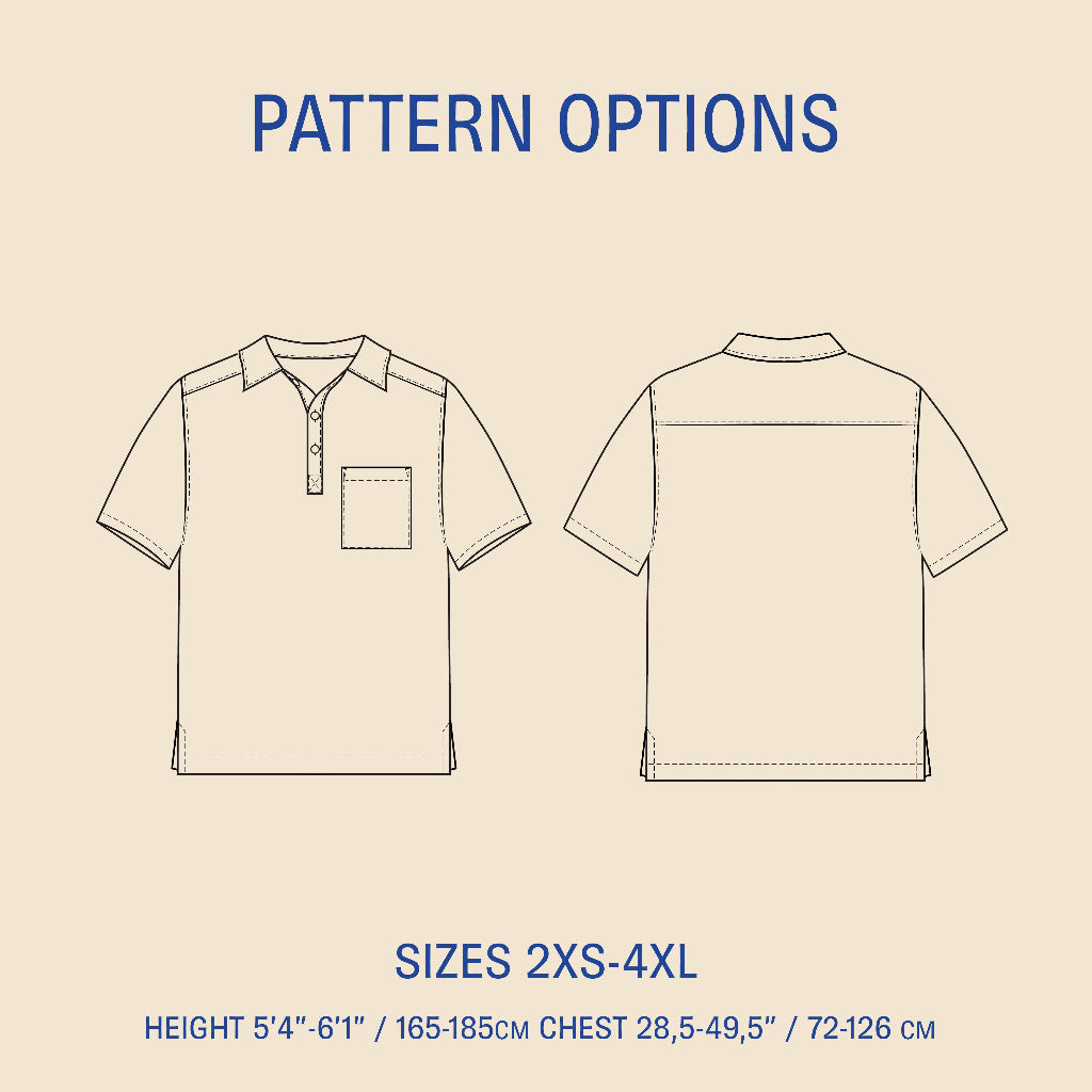 Outline of a polo shirt with pattern options and size chart on a beige background
