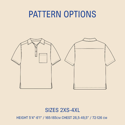 Outline of a polo shirt with pattern options and size chart on a beige background