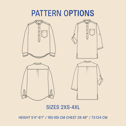 Pattern options for a shirt with size and height specifications on a beige background