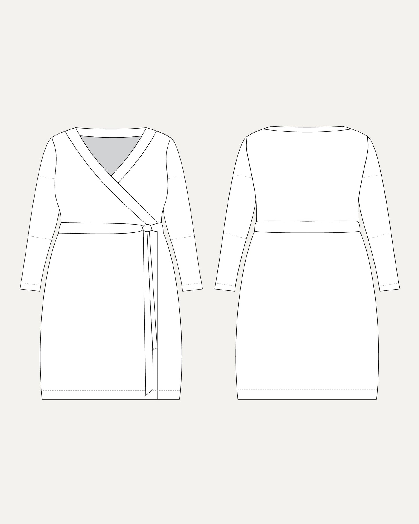 Line drawing of a wrap dress from front and back views on a white background. This dress is the Appleton Wrap Dress sewing pattern from Cashmerette.